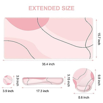 iCasso Large Gaming Mouse Pad Wrist Support Set, Desk Mat, 4in1 XXL Mousepad + Keyboard Wrist Rest+Mouse Wrist Rest+Coaster Set with Ergonomic Design for Home Office Table Computer-Pink Art - color: Pink Art