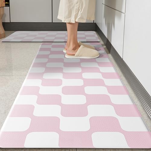 Pink Retro Curvy Checkered Grid Checkerboard Kitchen Rug Sets [2 PCs], Anti-Fatigue, Waterproof Non-Slip Kitchen Mats Heavy Duty Comfort Foam Rug for Floor, Home, Laundry,17"x29"+17"x47" - color: Milkgrid-pink, size: 17.3"x29"+17.3"x47"-0.4"H