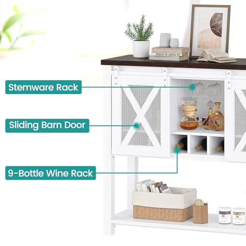 Farmhouse Sideboard Buffet Cabinet With Sliding Barn Doors – Coffee Bar Console Table Featuring Open Storage Shelf & Wine Racks, Entryway Table for Kitchen, Dining Room, Hallway, 46.5” （White & Brown）