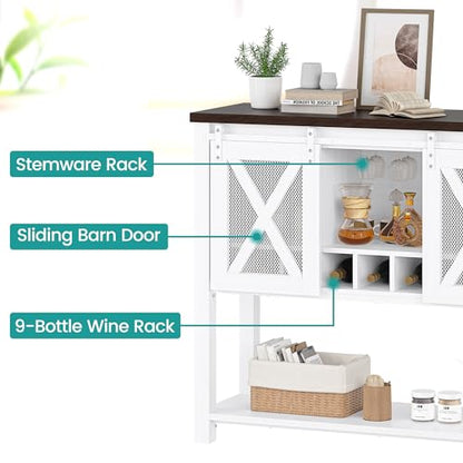 Farmhouse Sideboard Buffet Cabinet With Sliding Barn Doors – Coffee Bar Console Table Featuring Open Storage Shelf & Wine Racks, Entryway Table for Kitchen, Dining Room, Hallway, 46.5” （White & Brown）
