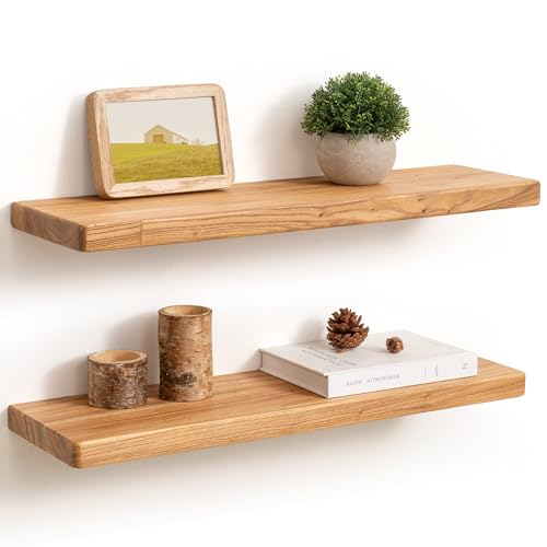 Fun Memories 24 Inch Floating Shelves, Solid Elm Wood Wall Shelf for Home Decor, Rustic Bathroom Shelves Set of 2, Heavy-Duty Storage Shelf for Kitchen, Bedroom, Living Room - color: Usa-sourced Elm Wood, size: 24"W x 6.7"D