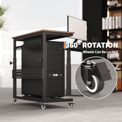 GarveeHome Computer Tower Stand with Cable Management Rack, Adjustable Rolling CPU Holder Cart (22.83 to 34.1 Inches) for Under Desk, 2-Tier Mobile PC Tower Stand for Office and Home Use,Walnut - color: Walnut