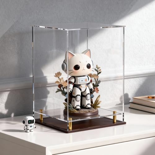 Acrylic Display Case for Collectibles, Dustproof Acrylic Box with Clear Display Elevation & Gold Risers, Large Display Case for Figures Toys Memorabilia, 9" L x 9" W x 13" H - size: 9"L x 9"W x 13"H