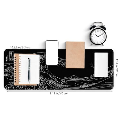 Gaming Mouse Pad, Large 31.5 x 11.8 inches Mousepad, Long Keyboard Pad, Cute Mouse Mat for Computer with Stitched Edges and Non-Slip Base (Black Japanese Wave) - color: Black Japanese Wave