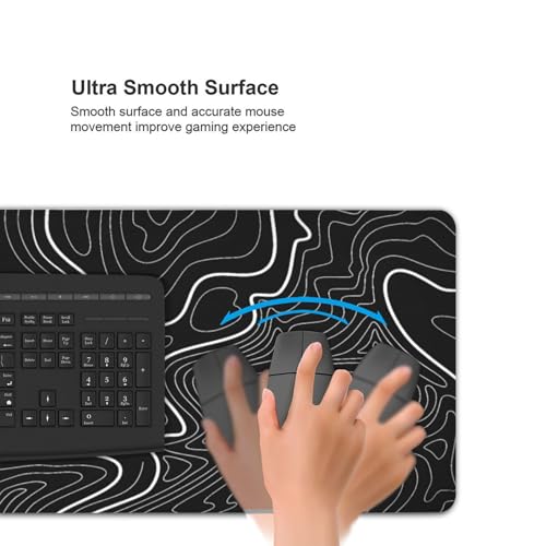 XXL Black Topographic Contour Big Mouse Pad Large,Gaming Mouse Pad Desk Pad,35.4x15.7x0.12 Inch Long Computer Keyboard Mouse Mat Mousepad Non-Slip Base and Stitched Edge for Gaming and Office - color: BlackTopographic Contour, size: 35.4Lx15.7W inches