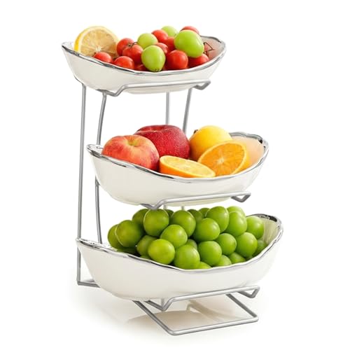 Gold Silver Fruit Bowl with Metal Stand, 3 Tier Ceramic White Fruit Bowl Fruit Rack for Kitchen Counter, Tiered Fruit Basket for Snacks Bread Candy Storage (White B (Smooth Surface)) - color: White B (Smooth Surface)