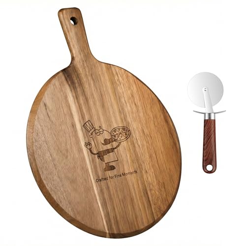 12" Acacia Wood Pizza Board & Cutting Board Set with Pizza Cutter, Round Wooden Serving Tray/Charcuterie Platter for Cheese, Appetizers & Entertaining, Rustic Housewarming Gift - size: 12 inch