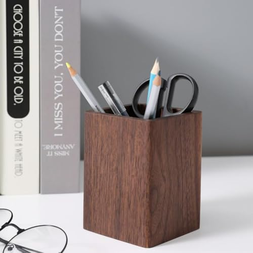 Wooden Pen Holder for Desk, Multi-Functional Pen Cup Pencil Holder for Office School Supplies Storage, Black Walnut Desk Organizer and Accessories（Square） - style: Square