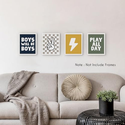 HRQKO Boho Boys Room Wall Art Poster Set, Positive Boys Playing Prints, Black Checkered Hand Prints, Unframed (blue) - 4 Pieces (12'x16') - color: blue4, size: 8x10