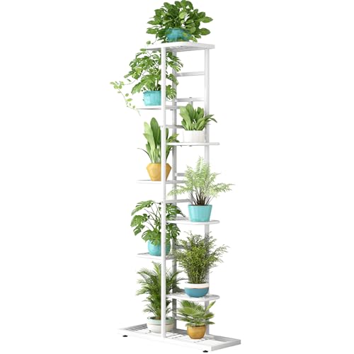 LINZINAR Plant Stand Metal Indoor Outdoor 8 Tier 9 Potted Multiple Flower Pot Holder Shelf Indoor Outdoor Planter Display Shelving Unit for Patio Garden Corner Balcony Living Room - color: White, size: 8 Tier-9 Potted