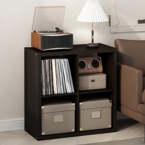 Furinno Cubicle Record Player Stand with Vinyl Storage, 4-Cube 1.2 Extra Thick Vinyl Record Storage, Open Back Media Shelf for CD DVD Blueray Game Disc, for Living Room, Home Office, Black Dark Oak - color: Black Dark Oak, size: Extra Thick, 4-Cube Standa