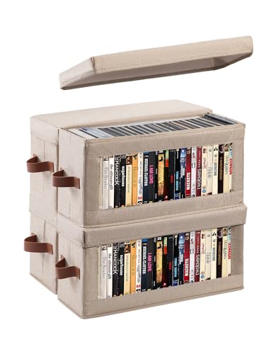 4 Pack DVD Storage Box with Visible Window, Dustproof CD/DVD Case Holder Organizer Rack Can Hold Up to 104 DVD, Blu-ray & CD Storage, Stackable and Lid Design-Beige - color: Beige, size: 4 Pack