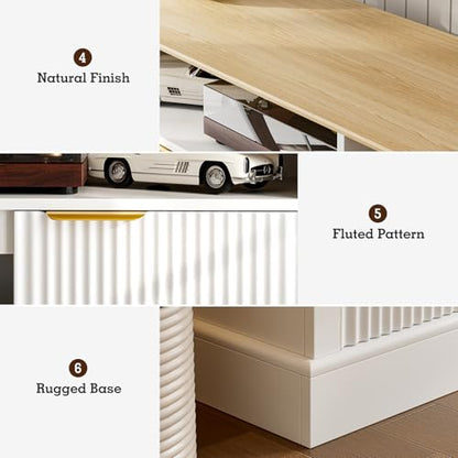 LCRBOL TV Stand for up to 65" TV, Mid-Century Entertainment Center, White | 63"W x 15.4"D x 25"H, 2 fluted cabinets, 1 drawer & open shelves, natural top, top holds 180 lbs, ~90 min assembly - color: White & Natural