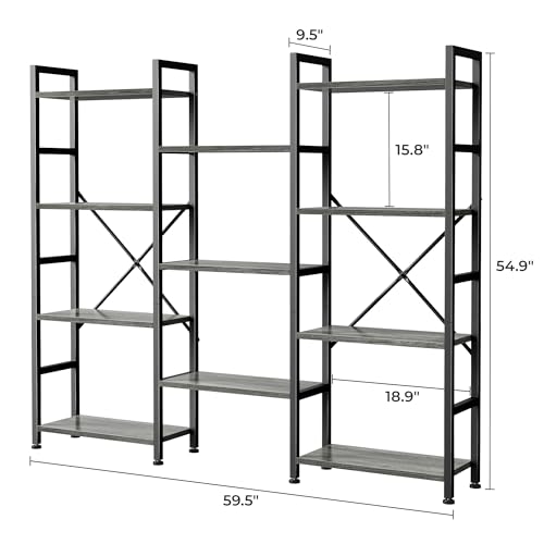 SUPERJARE Triple Bookshelf, Bookcase with 11 Open Display Shelves, Wide Book Shelf Book Case for Home & Office, 4 Tier, Grey - color: Grey, size: 4 Tier