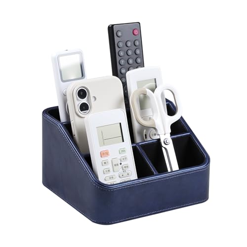 Remote Control Holder, PU Leather Small Desk Organizer with 4 Compartments, Nightstand Organizer Office Desk Accessories Desk Caddy for Countertop Bedside End Table (Navy Blue) - color: Navy Blue