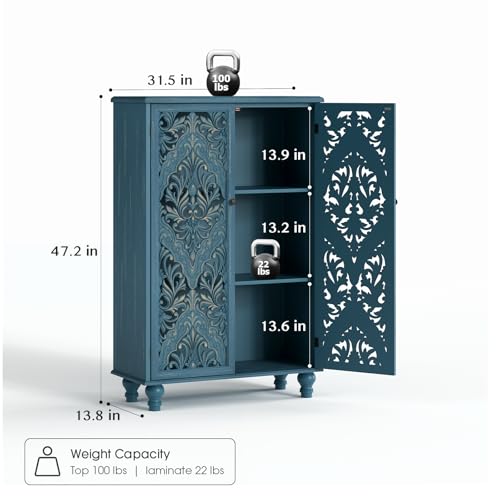 Jiansu furni Buffet Sideboard Cabinet with Hand-Carved Doors, 47" Tall Storage Cabinet for Dining Room, Vintage Wood Accent Cabinet with Shelves, Slim Floor Cupboard for Kitchen & Entryway,Blue - color: Blue_2 Doors Tall