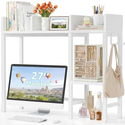 BOLUO Desk Hutch Dorm Room, Desktop Bookshelf for Computer Desk 37" Hutch Organizer Tabletop Storage Rack for College Essentials Home Office White