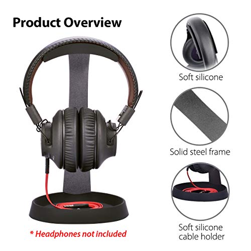 Avantree HS102 - Metal & Silicone Headphone Stand Hanger with Cable Holder, Black Desk Earphone Mount Rack, Fancy Music Studio Accessories