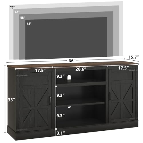 Hlivelood 66" Farmhouse TV Stand with Power Outlets for 75 Inch TVs, 33" Tall Entertainment Center with Storage Cabinets w/Adjustable Shelves, Rustic Large TV Media Console for Living Room, Black - color: Black, size: 66in