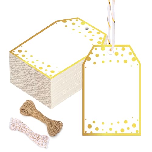 woric 100PCS Gift Tags with String 3.3 x 2.2 Inch Blank Gift Tags with Gold Foil Metallic Polka Dot Personalized Hang Tag Name Tag for Gift Bags Birthday Wedding Bridal Shower Party Favors - color: Gold Foil