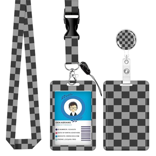 ID Badge Holder with Lanyard Fashionable ID Card Holders with Retractable Lanyards Soft Fiber Metal Clip Sturdy Buckle for Key Wallet Work Nurse Teacher (Cute Grey Checkerboard) - color: Cute Grey Checkerboard