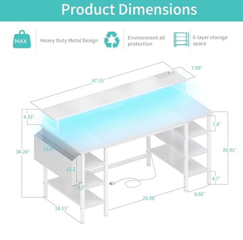 Lufeiya White Desk with Storage Shelves - 47 inch Home Office Gaming Desk with Monitor Stand, Computer Desk with LED Lights and Power Outlets, White - color: White