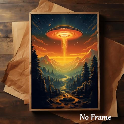 Retro Ufo Canvas Wall Art Moody Landscape Painting Ufo Print Vintage Forest Pictures Alien Abduction Poster Psychedelic Painting Spaceship Trippy Picture Extraterrestrial Ufo Artwork 16x24in No Frame - color: A4Unframed