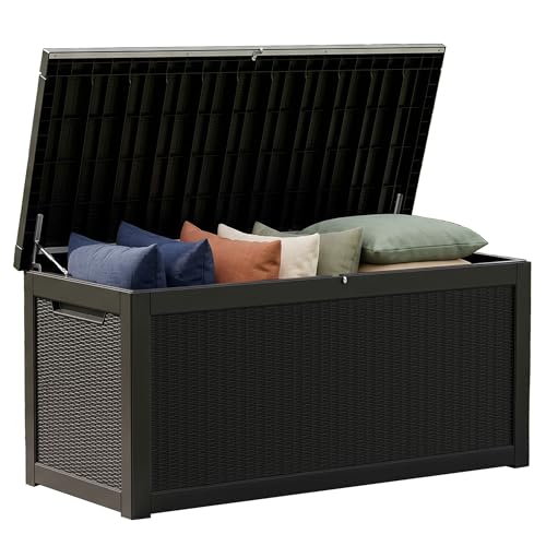 320 Gallon Outdoor Storage Box Waterproof, Lockable Resin Deck Box Large, Patio Storage Bin for Pool Accessories Cushion Furniture, Garden Tools, UV-Resistant Outside Delivery Black - color: Black, size: 320 Gallon