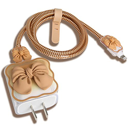 Compatible with iPhone 18W/20W USB-C Charger Cover Cute 3D Bow Tie Design Clear Soft Charger Protector Kawaii Cable Saver for iPhone 11 12 13 14 Pro Max Fast Power Adapter, Brown 2 (5in1) - color: Brown 2 (5 in 1)