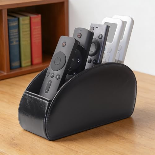 Remote Control Holder, PU Leather Remote Caddy Desktop Organizer with 5 Spacious Compartments for TV Remotes/Media Controllers/Office Supplies(Black) - color: Black