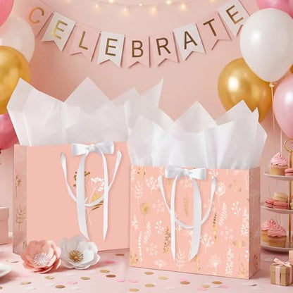 woric 13.7" Pink Gift Bags Set of 2, Large Birthday Gift Bags for Women | 2 Pink Bags with Ribbon Handle, 4 Tissue Paper & Greeting Cards, Women Girls Birthday, Anniversary, Wedding Bridal Showers - color: Pink