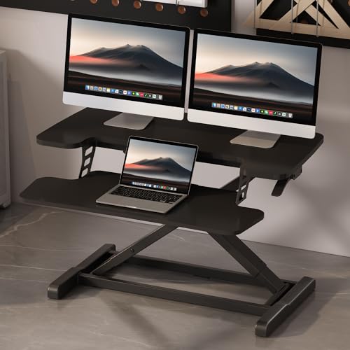 FLEXISPOT 32" Standing Desk Converter, Space-Saving Desktop Riser for Home Office, Sit Stand Computer Workstation for Laptop & Dual Monitor Setup, Black - color: Black, size: 32"