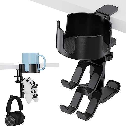 3 in 1 Desk Cup Holder with Headphone and Controller Stand, Universal Adjustable & 360° Rotating Clamp on Under Desk Headphone Hanger for Mugs, Headsets, Gamepads, Phone and Pen