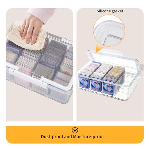 Portable Card storage box with 12 Removable Containers,Storage Box with lid for 2000+ Cards Fits for Standard Cards, TCG, PTG and Sport Cards, with 10 Soft Sleeves(clear,1pack)