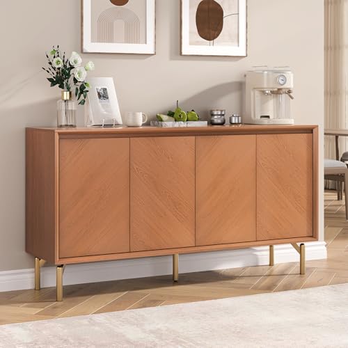 Jiansu furni 59" Sideboard Buffet Cabinet with Storage,for Dining Room | Walnut Finish Herringbone Doors Credenza for Kitchen ,Adjustable Shelves Coffee Bar,Living room, Entryway Console Cabinet - color: Walnut_4 Doors