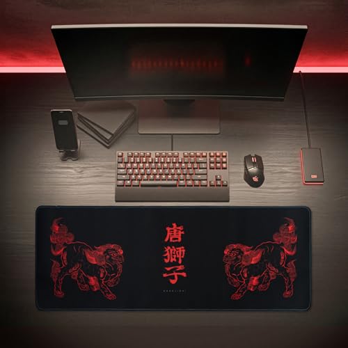 BELLEMOND Japanese Art Desk Mat | Large 31.5x11.8in Anime Mouse Pad for Keyboard & Mouse | Non-Slip Base, Water-Repellent | Original Japanese Design | Kara-jishi - Twin Lions - color: Kara-jishi - Twin Lions