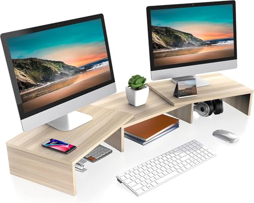 FITUEYES Dual Monitor Stand – 3 Shelf Computer Monitor Riser, Wood Desktop Stand with Adjustable Length and Angle, Desk Accessories, Office Supplies Medium Oak, DT108006WO - color: Oak