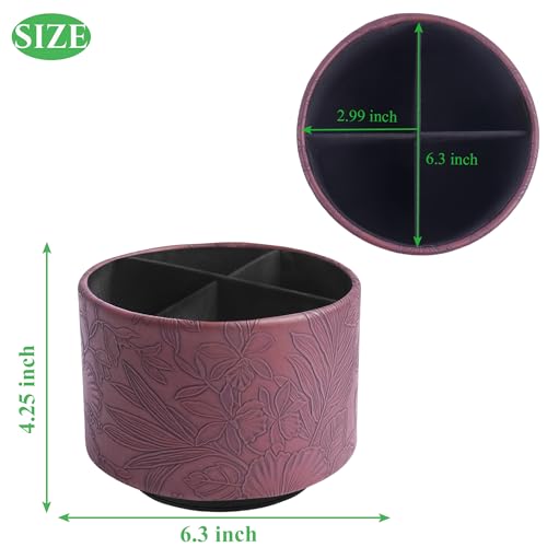 Round Leather Art Supply Organizer,Remote Control Holder,360 Degree Spinning,Multi-Functional Pencil Holder,4 Compartments Desktop Stationary Organizer(1-Carved Dark Brown) - color: 1-Carved Dark Brown