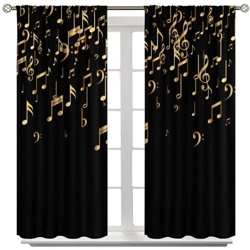 Musical Notes Curtains, Golden Music Note Print Black Background Modern Art Window Treatments Drapes for Living Room Bedroom Kitchen Home 42" W X 45" L(No Blackout) - color: Musical-10, size: 20.5"W x 45"L (Pack of 2)