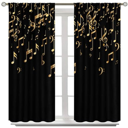 Musical Notes Curtains, Golden Music Note Print Black Background Modern Art Window Treatments Drapes for Living Room Bedroom Kitchen Home 42" W X 45" L(No Blackout) - color: Musical-10, size: 20.5"W x 45"L (Pack of 2)