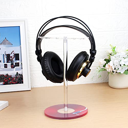 Clear Acrylic Headphone Stand with Patterned Base – Universal Holder for AirPods Max, Gaming & Wireless Headphones – Space-Saving Desk Organizer for Home & Gaming Setup (Red Record/LP) - style: Red Record/LP