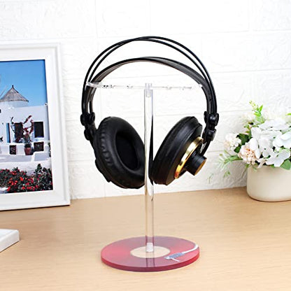 Clear Acrylic Headphone Stand with Patterned Base – Universal Holder for AirPods Max, Gaming & Wireless Headphones – Space-Saving Desk Organizer for Home & Gaming Setup (Red Record/LP) - style: Red Record/LP