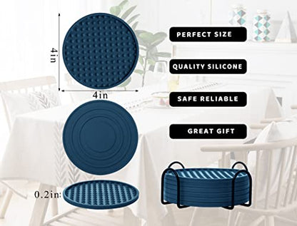 Coasters for Drinks 6 Pack Drinking Coasters with Holder,Heat Resistant Silicone Cup Mat Tabletop Protection,Non-Slip Rubber Coaster for Kinds of Cups (Blue) - color: Blue-metal Holder