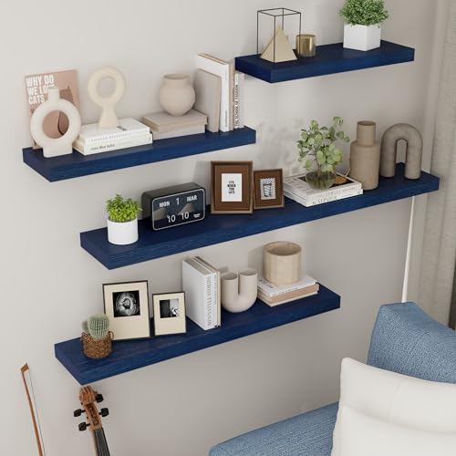 fuqing Blue Floating Shelves for Wall - Wood Wall Shelves Set of 3 - Dark Blue Shelves for Room Decor & Storage in Bedroom Living Room Bathroom Kitchen - color: Dark Blue, size: 17 Inch