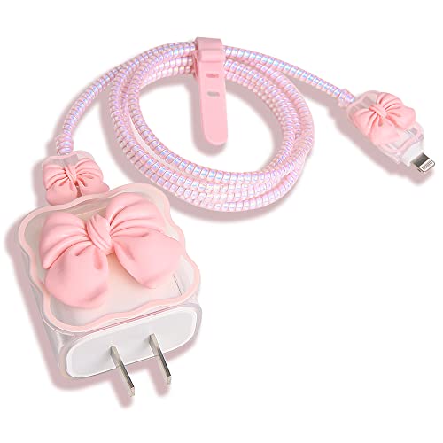 Compatible with iPhone 18W/20W USB-C Charger Cover Cute 3D Bow Tie Design Clear Soft Charger Protector Kawaii Cable Saver for iPhone 11 12 13 14 Pro Max Fast Power Adapter, Pink 2 (5in1) - color: Pink 2 (5 in 1)