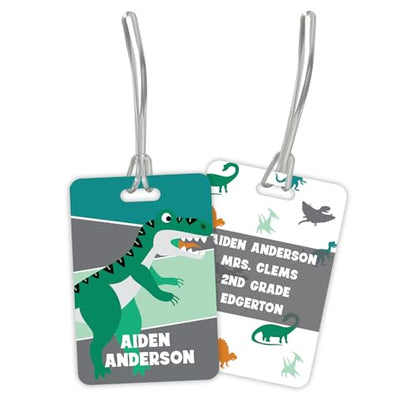 Personalized Dinosaur Luggage Tag / 2.75" x 4" Custom Prehistoric Bag Tag/Double Sided Durable Plastic Child Luggage Tag with Plastic Strap/Made in The USA - style: Dinosaur