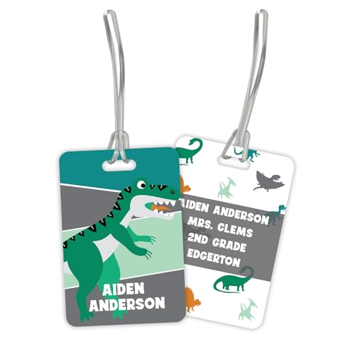 Personalized Dinosaur Luggage Tag / 2.75" x 4" Custom Prehistoric Bag Tag/Double Sided Durable Plastic Child Luggage Tag with Plastic Strap/Made in The USA - style: Dinosaur