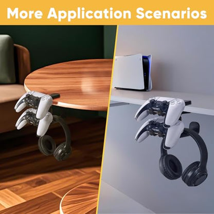 3 in 1 Under Desk Headphone Hanger with Adjustable Clamp Mount, 2 Controller Slots & 1 Headset Universal Holder Stand, Rotatable Hook Rack & Cable Organizer, for Home Gaming Xbox ps5 - Black - size: Black - 1 Headphone & 2 Controllers
