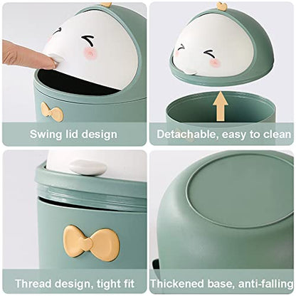 Cute Desktop Trash Can Wastebasket and 120 Trash Bags, Creative Mini Garbage Can with Lid for Countertop Table, Tiny Plastic Storage Bin for Office, Kids Bedroom, 13 * 13 * 18.5cm (Green)