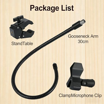 Microphone Stand Arm Gooseneck11.8”/30cmMic Stand Desk With Adjustable Mic Clip & Super Crab Clamp,Desk/Pole Mount Compatiblewith Shura/Fifina/AT2020/Pyla/Blua Snowbell/Rezer
